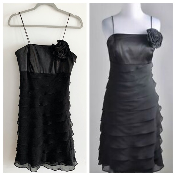 White House Black Market Dresses & Skirts - WHBM Satin Ruffle Tiered Flower A Line Blk Dress